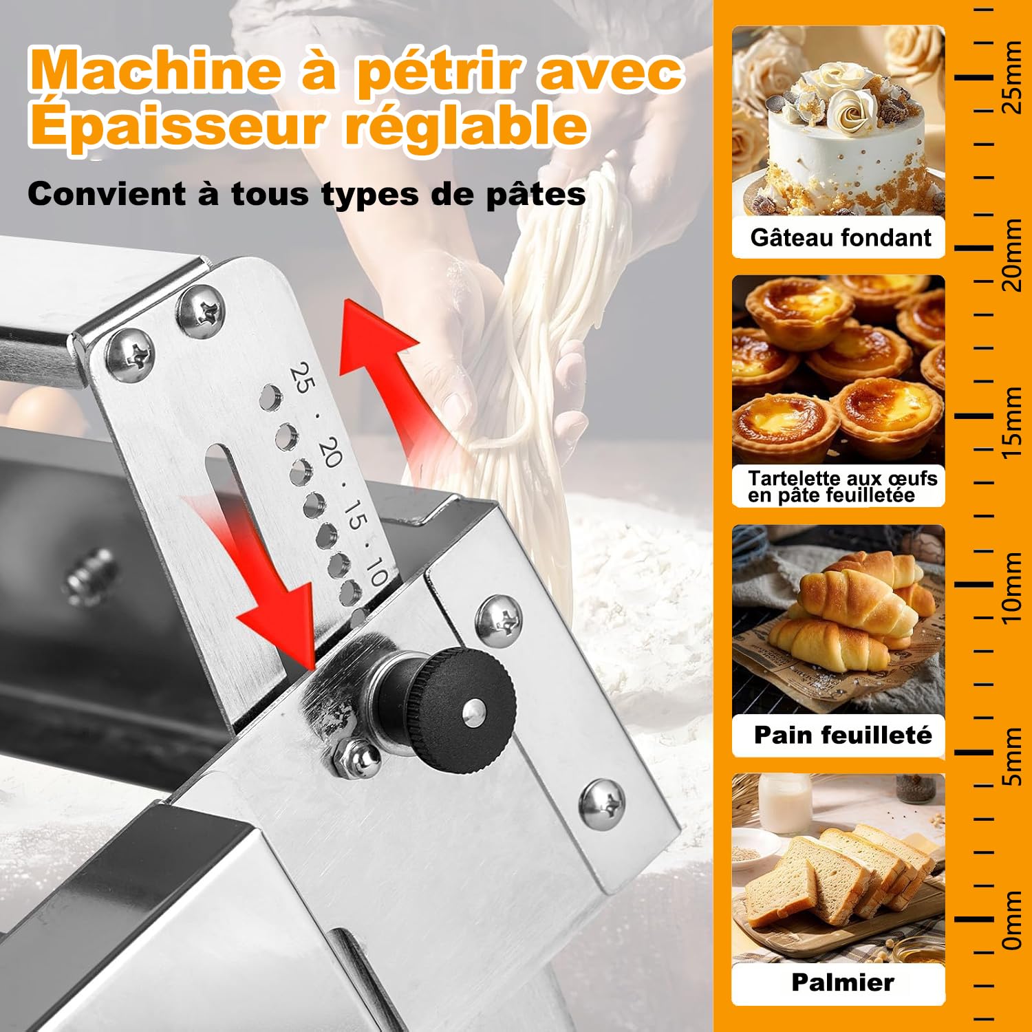 Sfogliatrice Manuale per Pasta, Macchina per Pasta in Acciaio Inox, Spessore della Pressa 0,08"-0,9", per Fondente, Croissant, Pizza e Pasta Sfoglia B400