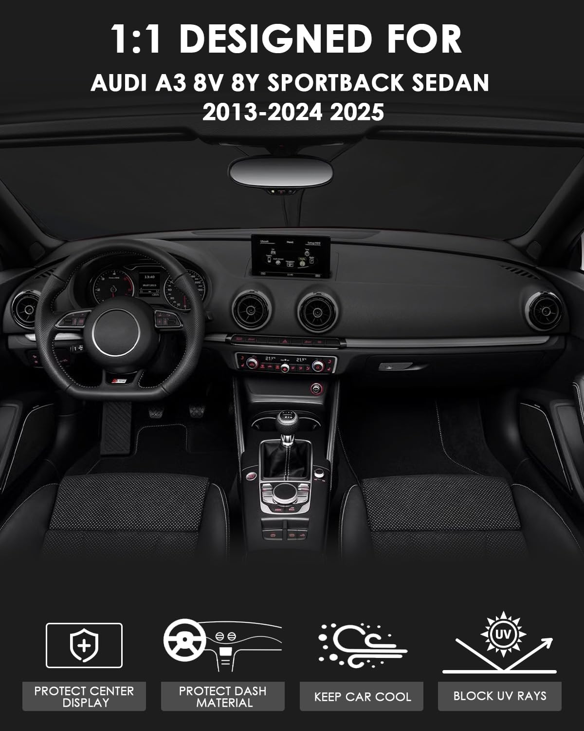 Parasole parabrezza compatibile con AUD-i A3 8V 8Y Sportback Sedan 2022 2023 2024 2025 parabrezza parasole parasole per A3 8V 8Y con protezione UV, raffreddamento