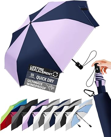 Windproof Travel Umbrella for Rain - 43" Auto Open Close 8-Rib Compact, Stylish Two-Tone Color Block Design, Easy-Close Folding Portable Parasol for Men & Women