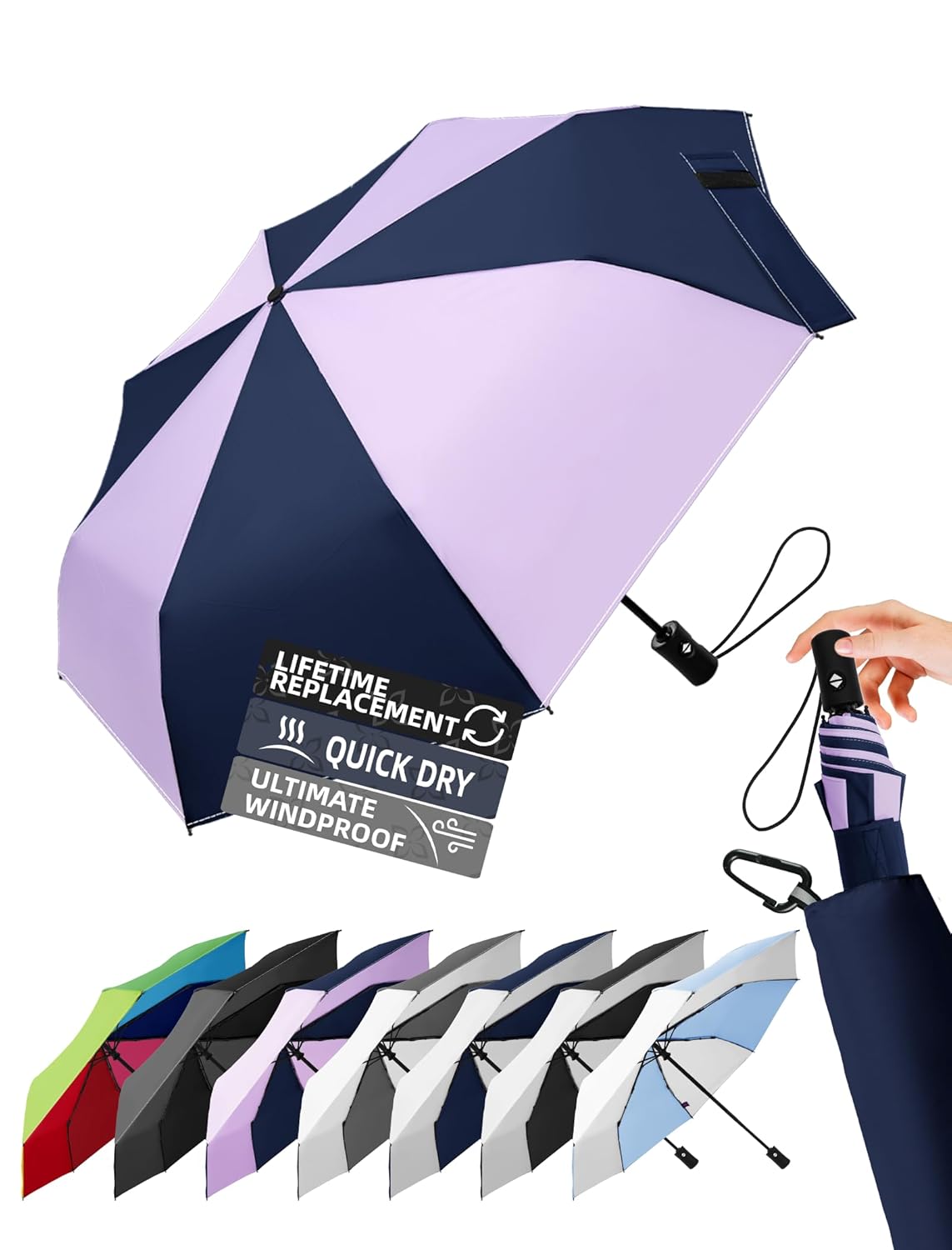 Windproof Travel Umbrella for Rain - 43 Auto Open Close 8-Rib Compact Stylish Two-Tone Color Block Design Easy-Close