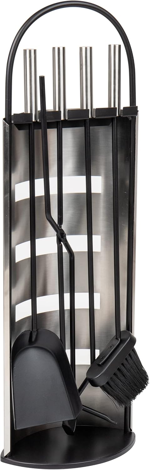 Mind Reader COOLFIRE4-SIL 4 Piece Stand Alone Fire Place Set, Steel Construction, Includes Stand, Brush, Shovel/Scooper, Poker, Tongs Black Silver