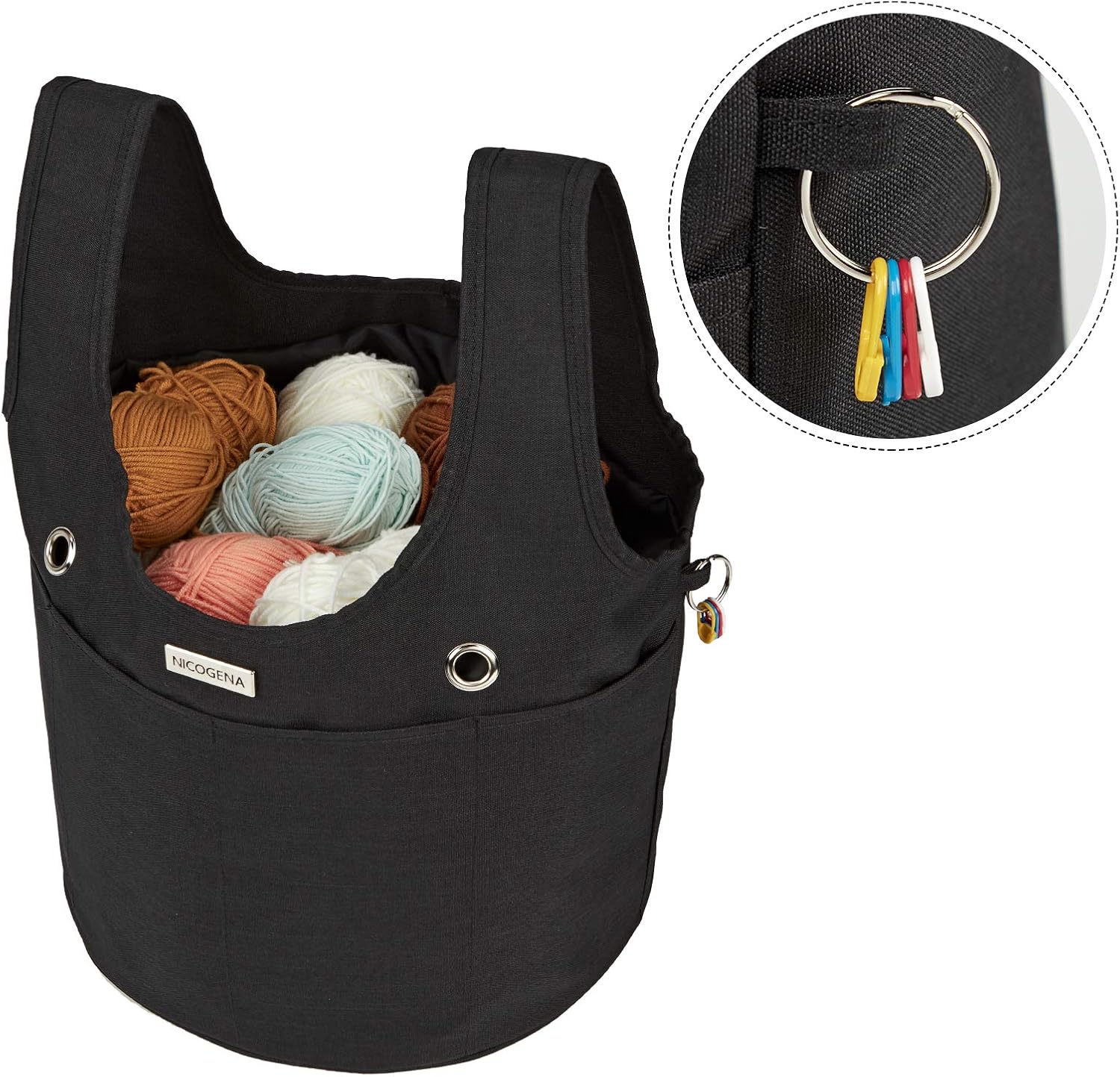 NICOGENA Knitting Bag with Drawcord Closure, High Capacity Yarn Storage Wristlet Tote for Ongoing Project and Accessories, 2 Oversized Grommets,Black