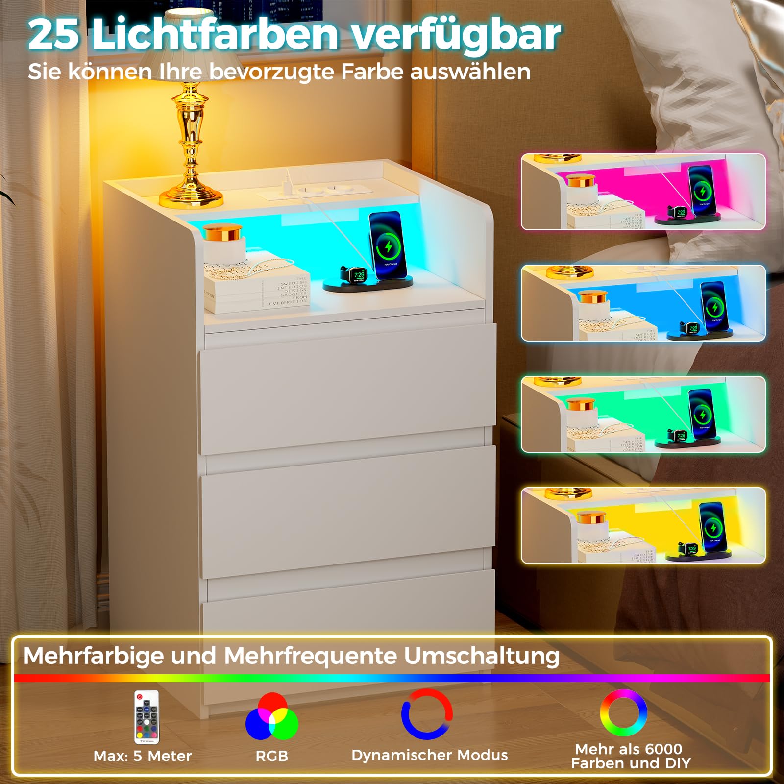 ANWBROAD Nachttisch mit Steckdose,Nachtschrank mit LED-Lichtleiste | 3 Schubladen und 1 Fach,Moderner Nachttische Beistelltisch,Sofatisch für Schlafzimmer,Wohnzimmer (2, Weiß) BNS014W