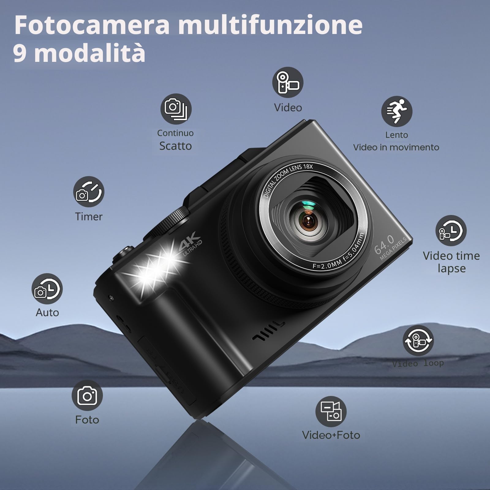 Fotocamera Digitale 4K VJIANGER per Fotografia e Vlogging, 64 MP con Schermo Flip 180° da 3 Pollici (7,6 cm), Zoom Digitale 18X e Flash, WiFi, 32 GB Micro SD