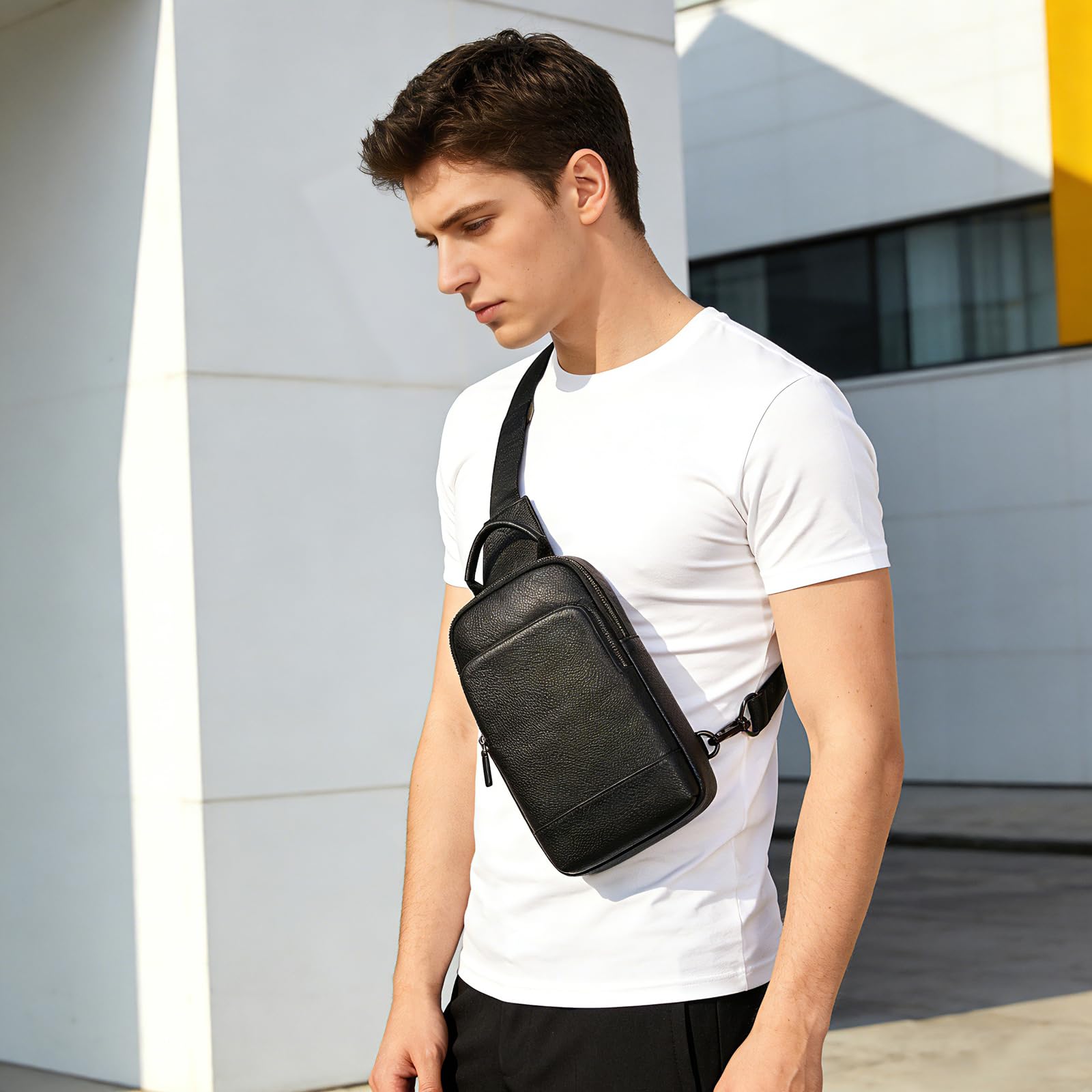 Leder Brust Tasche Männer Leder Umhängetasche Business Freizeit Crossbody Tasche Reise Arbeit kleine Handtasche, 9339 Schwarz
