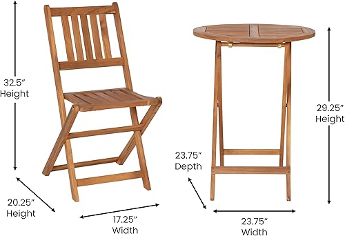 Miniatura 5 de BizChair Juego de 3 piezas de bistró plegable para patio, madera de acacia con acabado natural, mesa redonda para interiores y exteriores, 2 sillas,