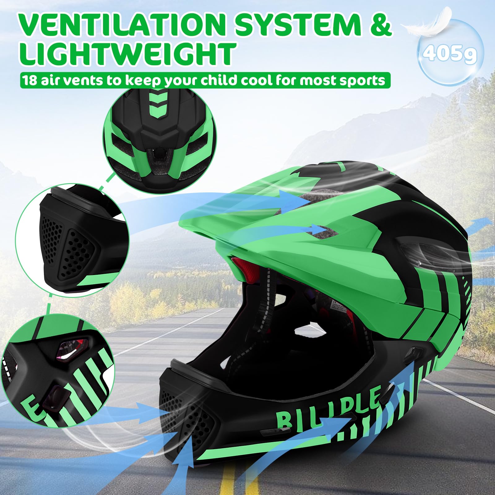 Kask dziecięcy, zintegrowany kask rowerowy 2 w 1, ze zdejmowaną osłoną podbródka, uniseks, 52-56 cm, kask ochronny do jazdy na rowerze, wrotkach