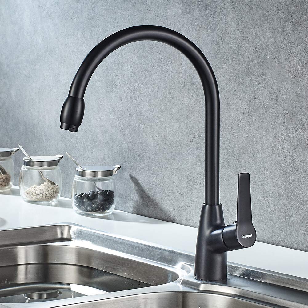 Ibergrif Grifo Cocina Negro, Grifos Cocina Fregadero Profesional con Caño Alto, Grifo de Cocina para 2 Modos Giratorio a 360° Monomando, M14026B