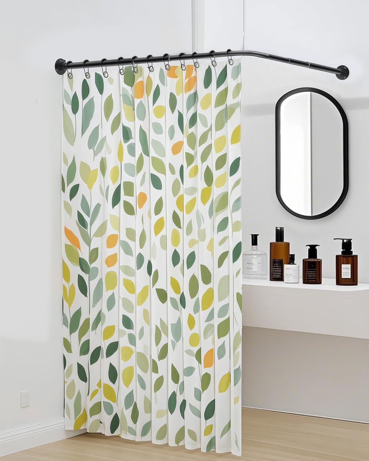L Shaped Corner Shower Curtain Rod, 24.3" - 48" x 24.3" - 48" Adjustable 90 Degree Right Angled Shower Rod Square Curtain Rail for Bathroom Bathtub with 12 Hooks & Ceiling Support