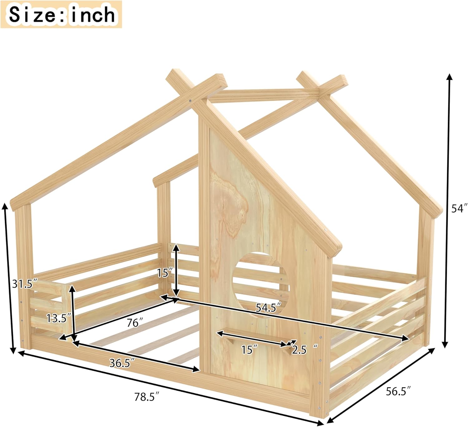 Bellemave Full House Floor Bed with Rail for Kids, Wood Montessori Floor beds with Window and a Small Shelf for Kids, Natural
