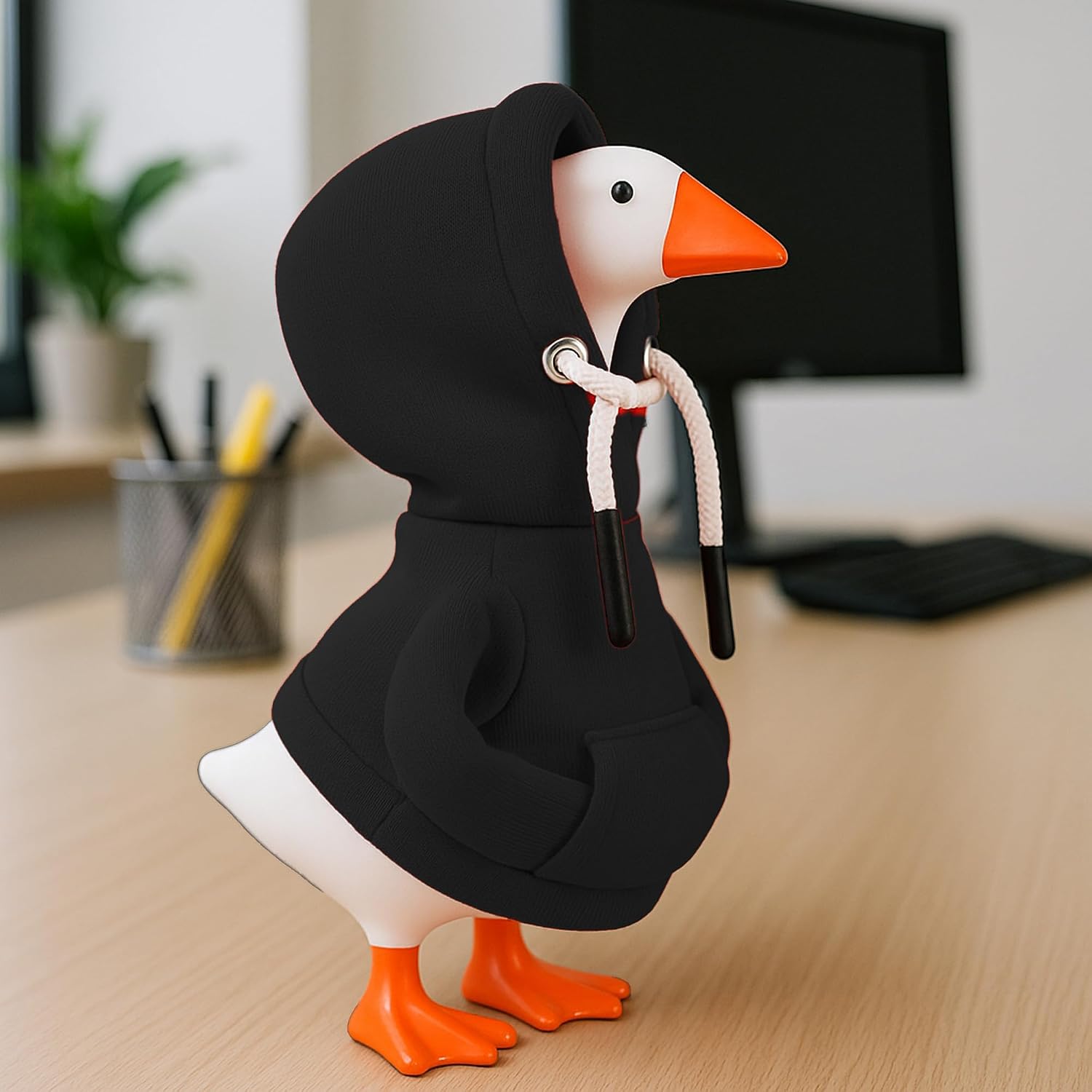 7 Inch Desk Goose Outfits Red Hoodies Tabletop Goose Accessory Mini Porch Goose Costume Magnetic Goose Statue Key Holder Clothes for Table Decor (Black) image 3