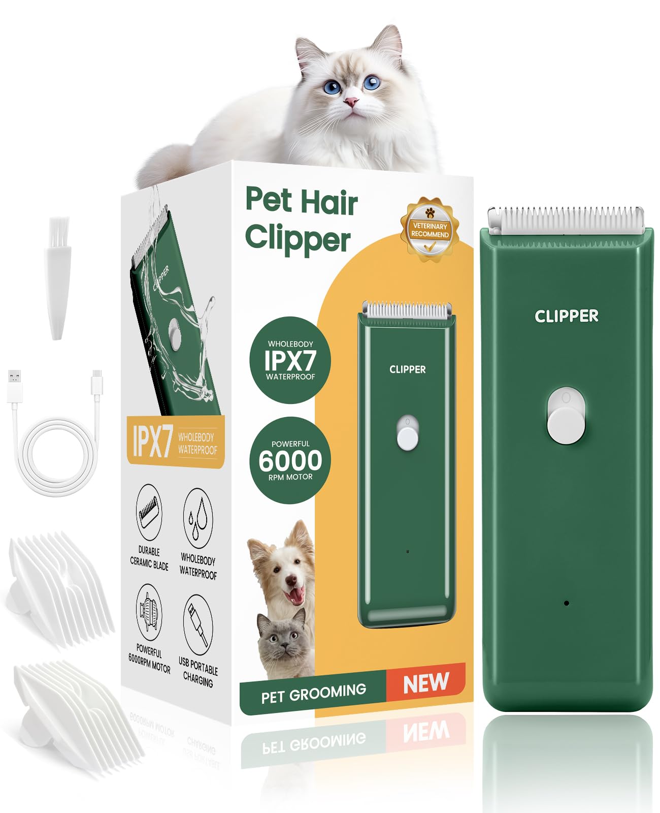 Marvljojo Upgrade Home Professional Dog Grooming Kit Clipper for Matted&Long Hair, Cordless Pet Shaver Low Noise USB Rechargeable for Cats, Small&