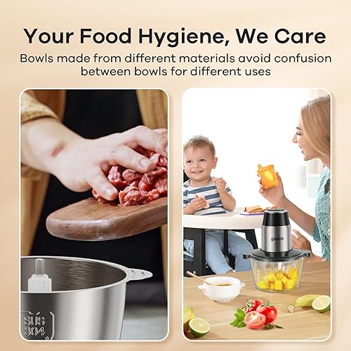 Miniatura 5 de GANIZA Procesadores de alimentos, picadora eléctrica con picadora de carne y picadora de verduras, 3 cuencos con potente motor de cobre, incluye 2