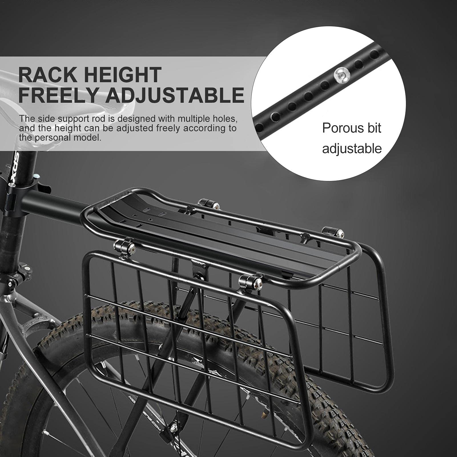 Aluminiowy bagażnik rowerowy 2 w 1, regulowany bagażnik rowerowy | i tylny kosz bagażowy, obciążenie 55 kg