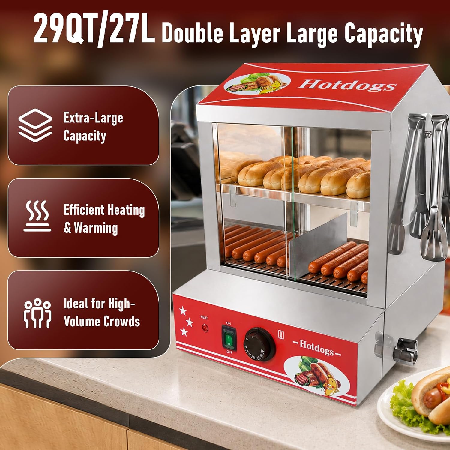 Hot Dog Steamer Machine, 2-Tier Large Capacity 27L / 29QT