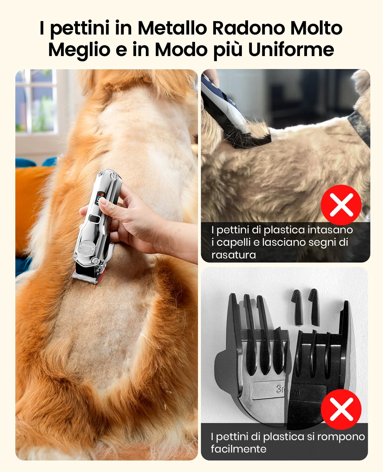 oneisall Tosatrice per cani professionale, senza fili/ricaricabile, con pettini in metallo staccabili, a basso rumore, resistenti, per capelli spessi/ricci/fini/ondulati