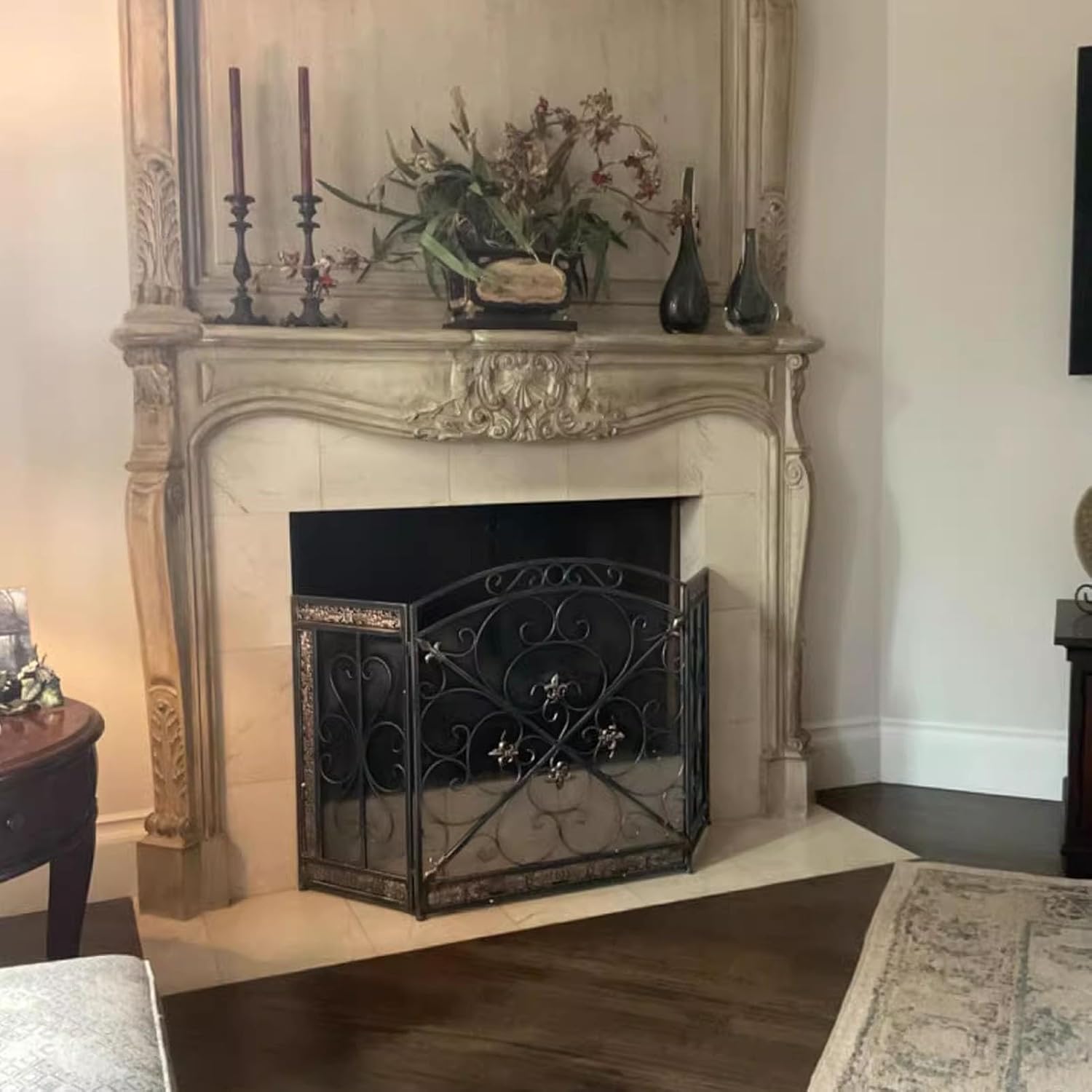 JKGHK Foldable Arched Fireplace Screen, 3-Panel Freestanding Spark Guard Mesh, Wrought Iron Black Metal Spark Guard Fireguards, for Spark Protection and Home Decor(Gold)