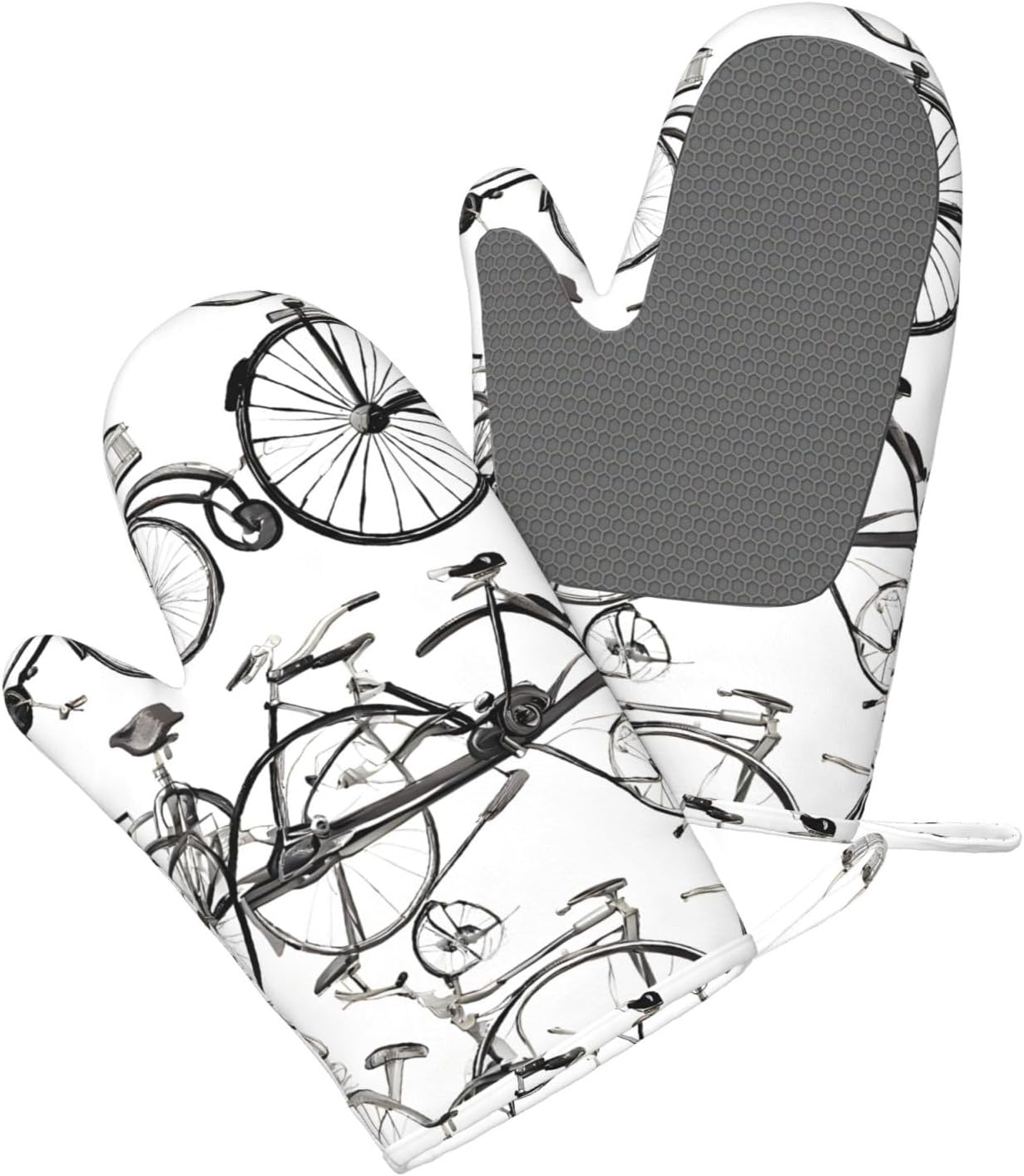 Retro Bicycle Oven Mitts and Pot Holders Set of 4 Heat Resistant Kitchen Gloves with Silicone Palm Hot Pads for Baking Cooking Grilling BBQ