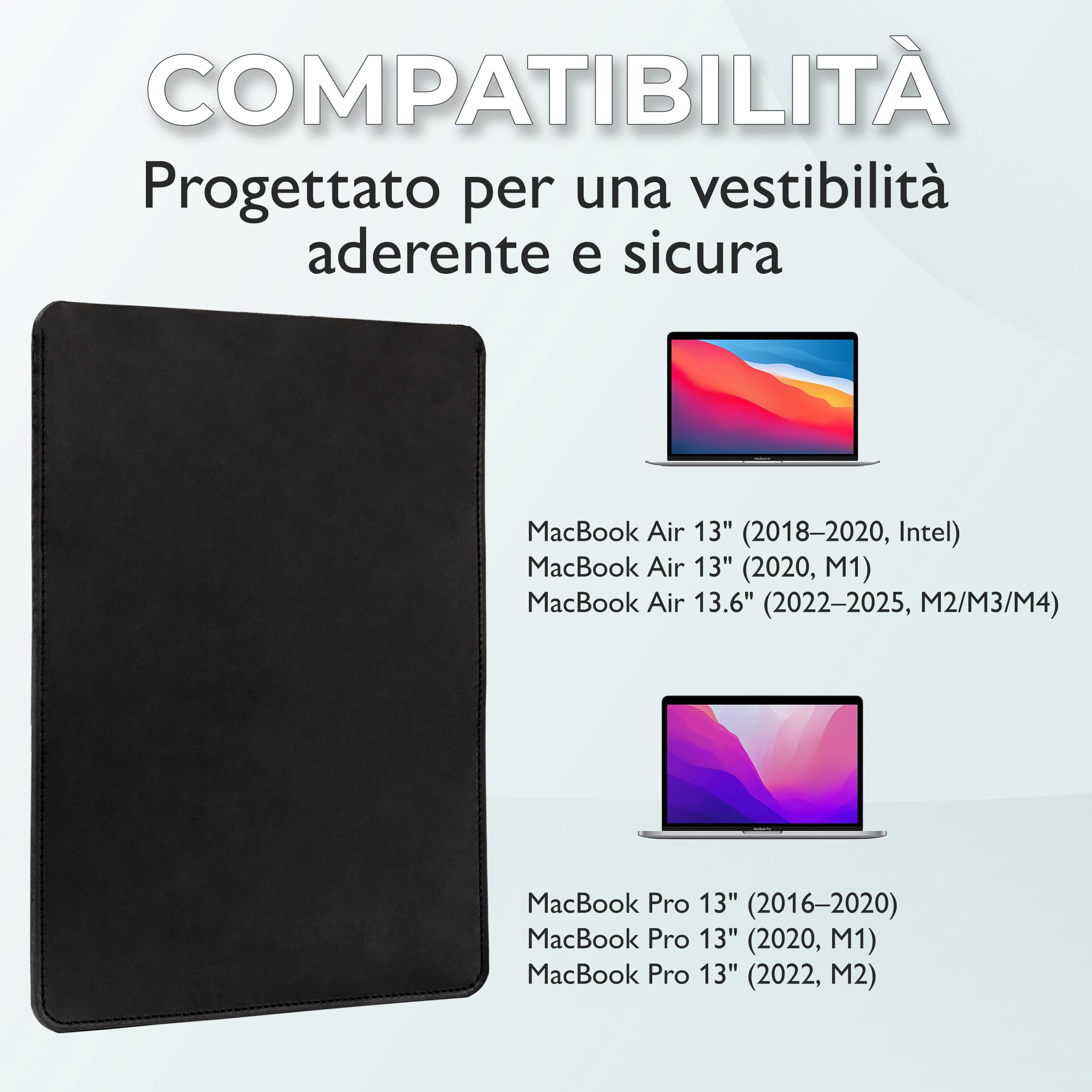 Custodia in Pelle per MacBook Air 13 pollici (2018, 2019, 2020 - Intel, M1 / 2022, 2024, 2025 - M2, M3, M4) e per MacBook Pro 13" (2016, 2017, 2018, 2019, 2020 - Intel, M1 / 2022 - M2) (Nero)