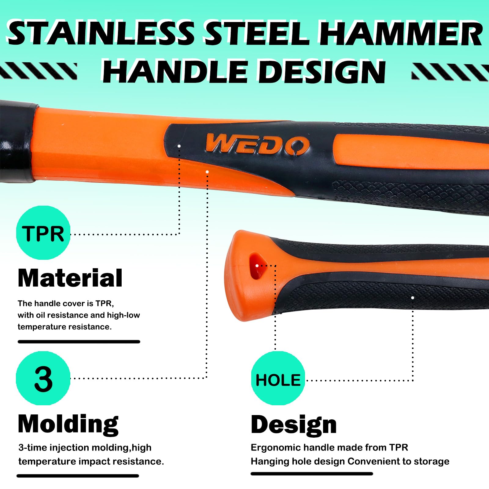 WEDO Ball Pein Hammer 230g(8oz), Ball Peen Hammer with Fiberglass Handle, Engineer's Hammer, Stainless Steel - Image 4