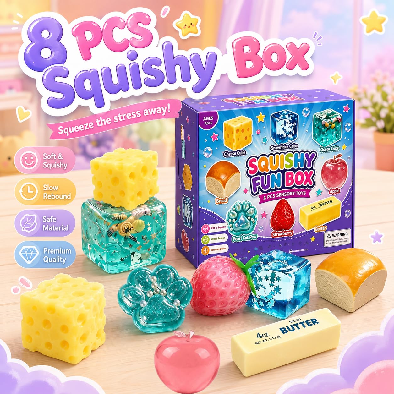 Mistery Box Squishy, 8 PCS Squishy Box Fun Set Cute Butter, Queso, Soffici dalla forma Realistica, a lenta risalita, Antistress, Morbide e carine, ideali come regalini per feste (#A)