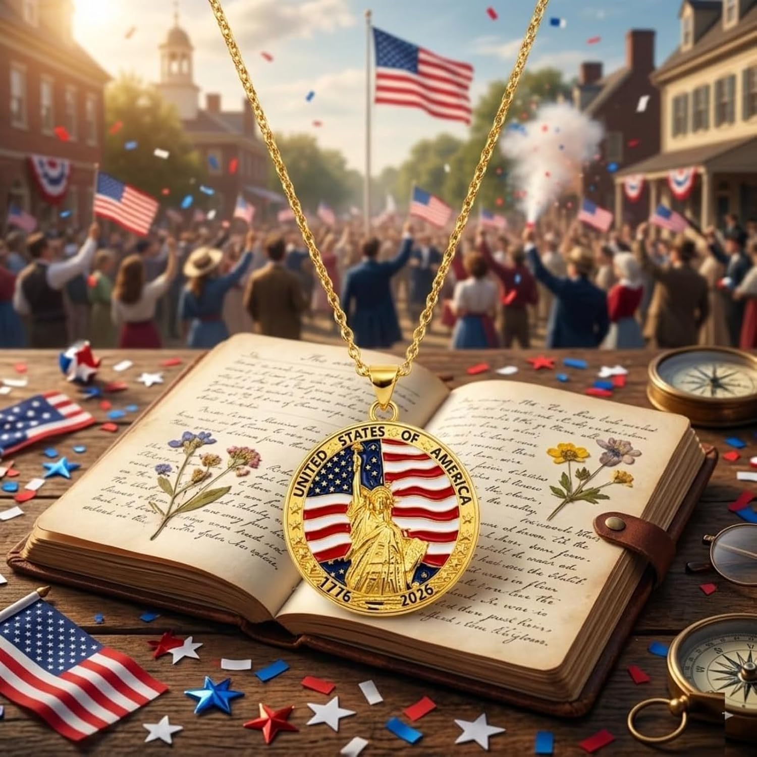 USA 250th Anniversary Necklace for Men Women, 1776 2026 Statue of Liberty Pendant Necklace, 18K Gold Plated Brass American Flag Necklace Stainless Steel Chain, 4th of July Patriotic Jewelry