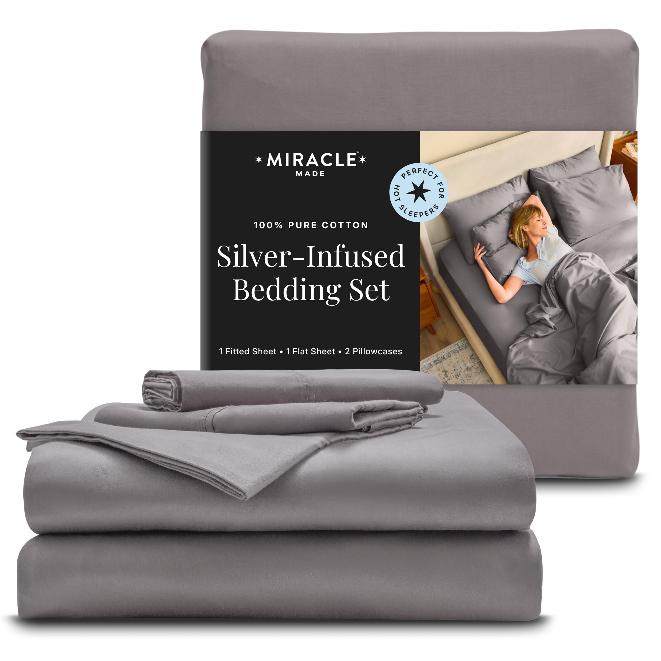 Photo 1 of Miracle Made Breathable Cotton Bed Sheets, 4-Piece Set – Silver-Treated, Soft and Cool-to-the-Touch Lightweight Bedding Designed for Hot Sleepers – King Size, Stone