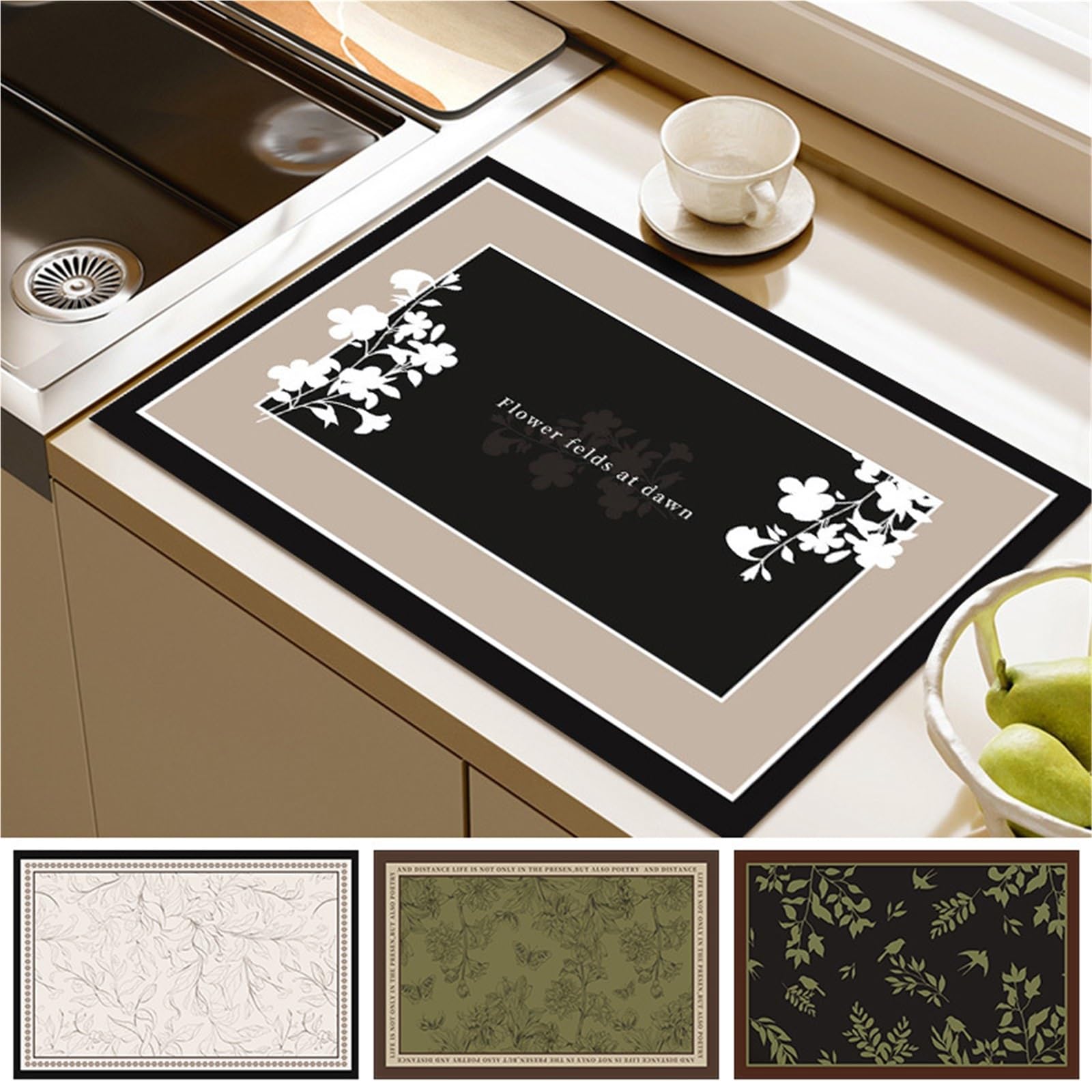 Alfombrilla para Café Bar Tapete for máquina de Cocina o cafetería, tapetes for secar Platos, Mantel for vajilla de Secado rápido, Mantel Individual, 2 uds.(Black,30x50cm)
