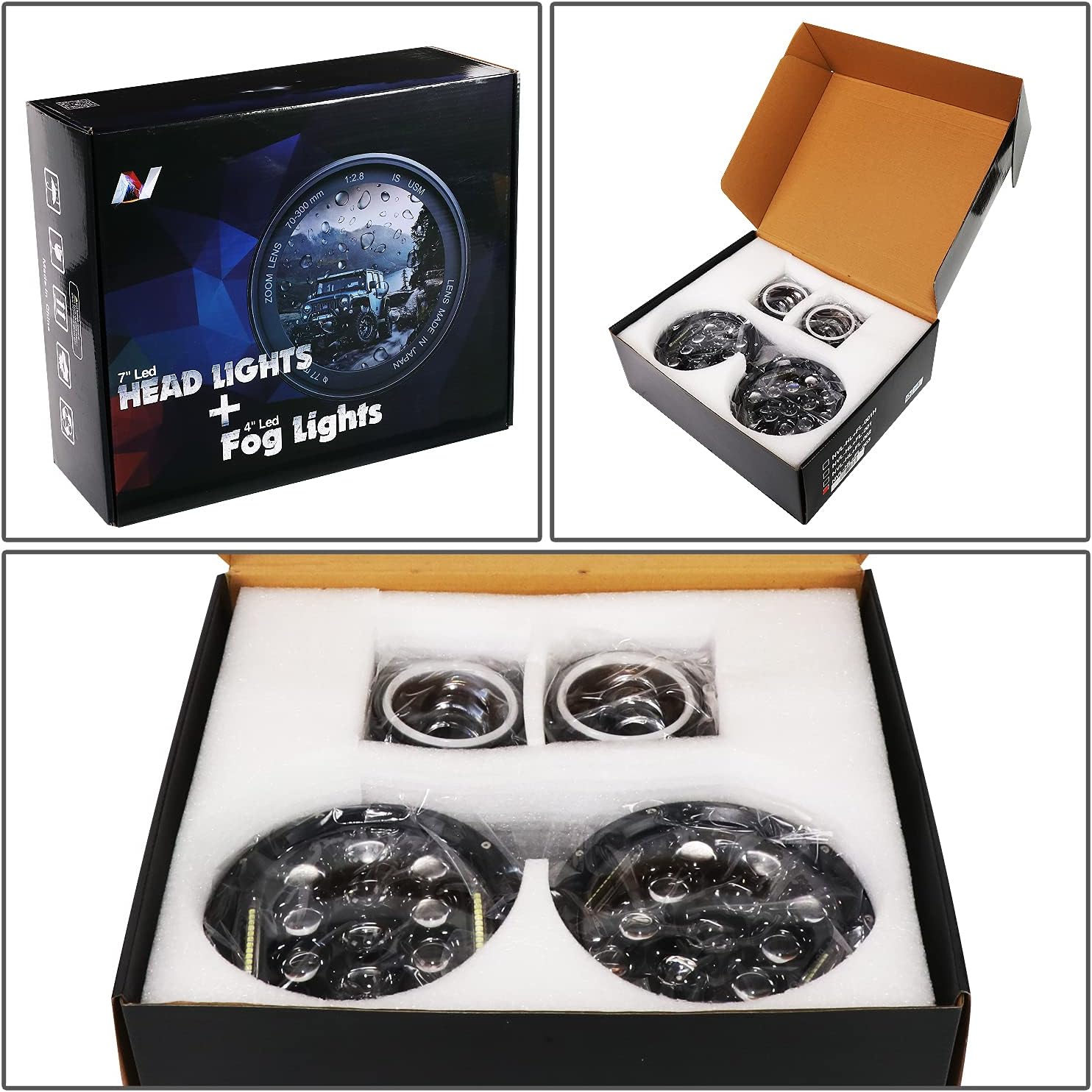 7 Inches Matrix LED Bug Eye Super Bright Headlight + 4 Inches LED Fog Lights Compatible with 07-18 Wrangler JK DOT Approved, Black/Clear Lens, NVL-HL+FL-003