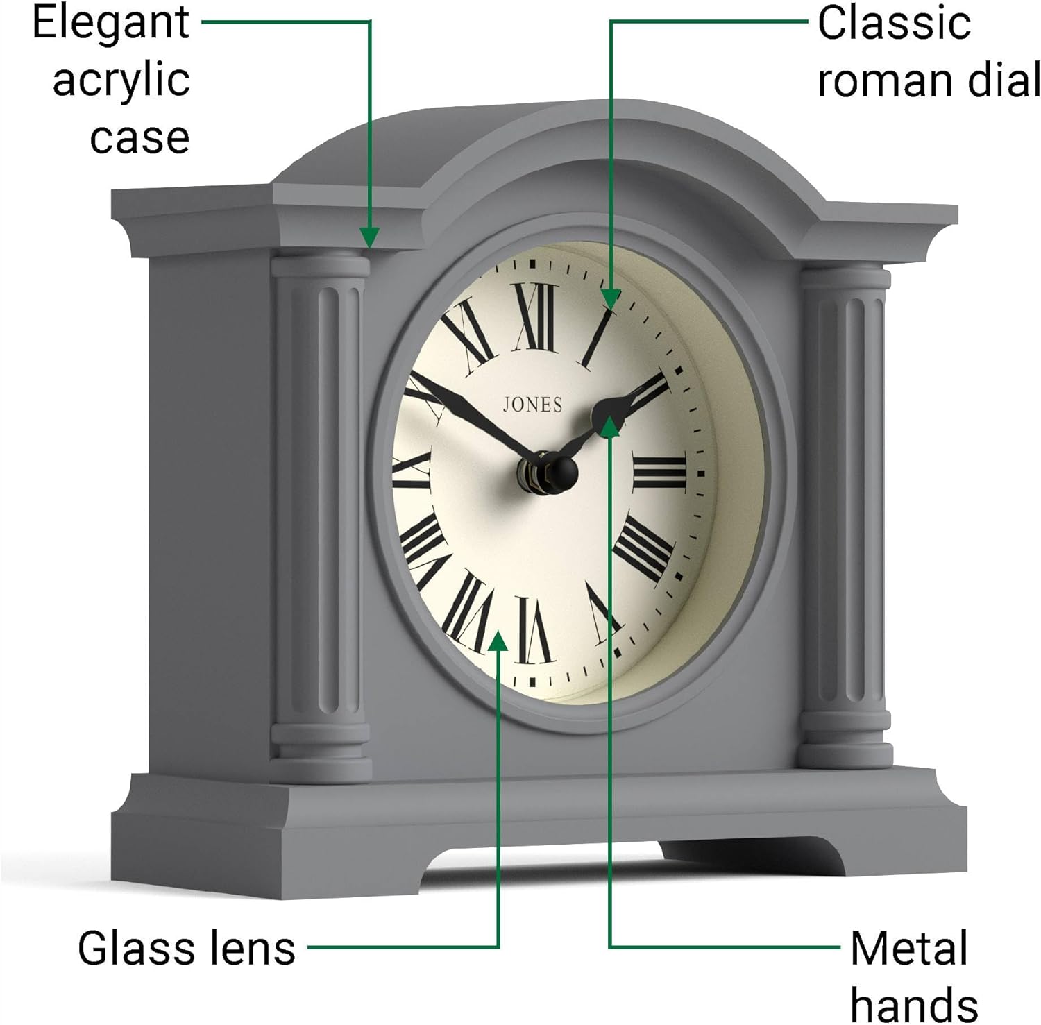 JONES CLOCKS® Kensington Mantel Clock | Small Classic Arch top Clock | Gray | Stylish & Contemporary | Ideal for Desk, Mantelpiece, Bookshelf or Bedside