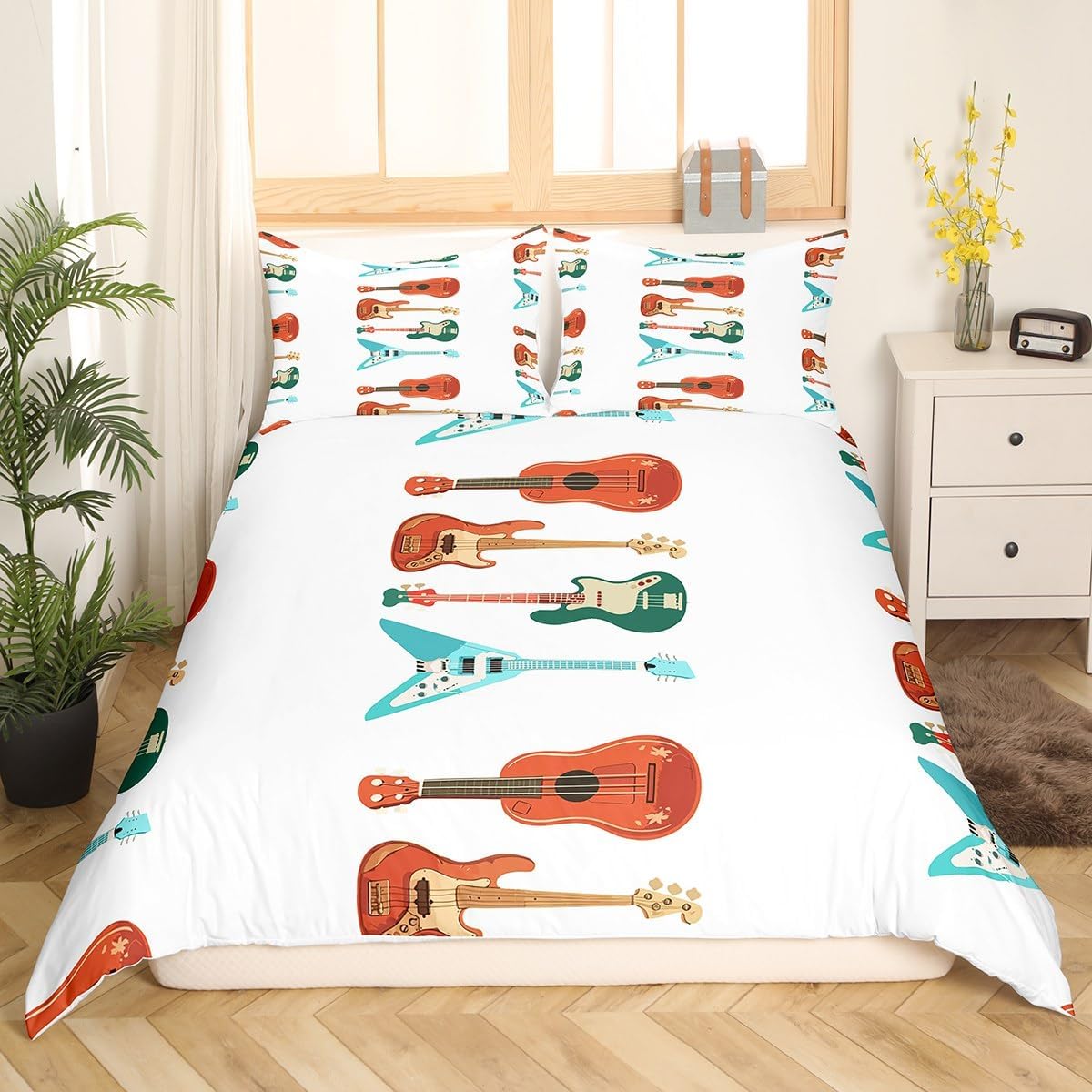 Erosebridal Guitar Twin Size Duvet Cover Music Themed Comforter Cover for Kids Boys Girls Music Equipment Bedding Set White Minimalist Quilt Cover 1 Pillowcase