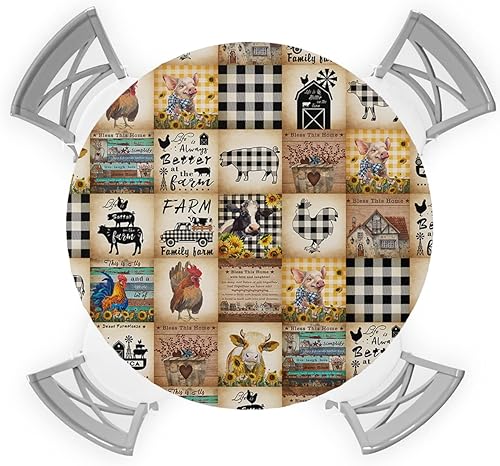 Mantel ajustable para mesa redonda, diseño de animales de granja, vaca, cerdo, vintage, negro, búfalo, a cuadros, con borde elástico, impermeable,