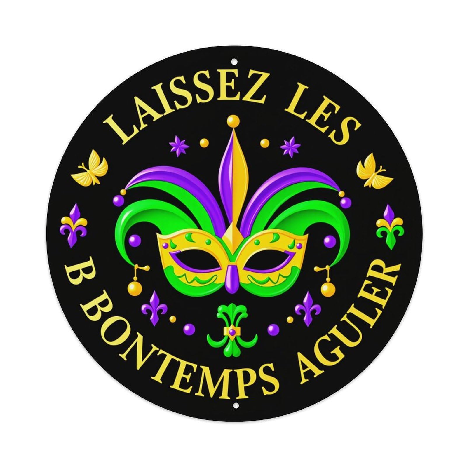 Mardi Gras Mask Fleur De Lis Butterflies Round Tin Sign Vintage Metal Poster, Home Bar Garage Man Cave Cafe Indoor & Outdoor Wall Decoration 8x8Inches