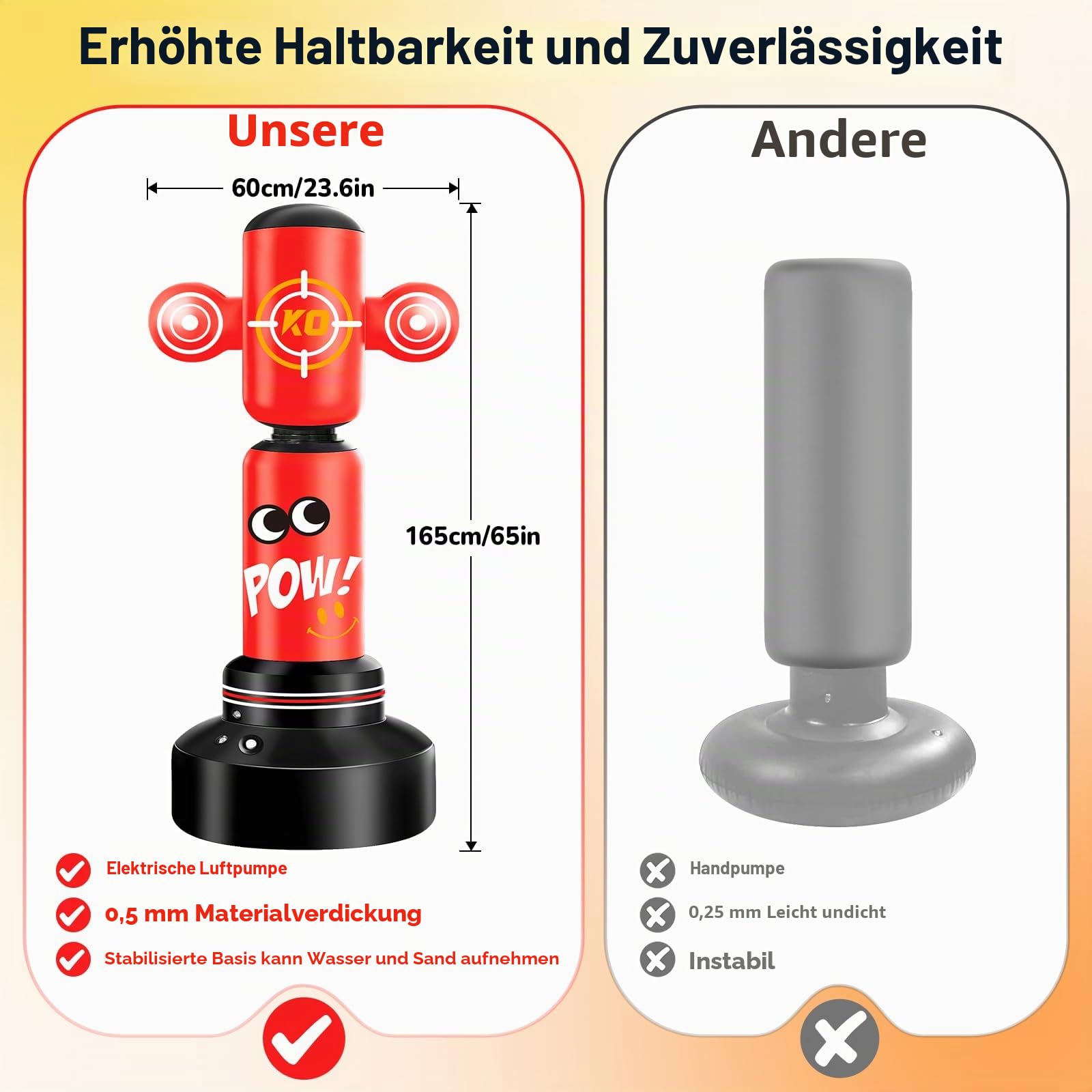 Kinder Boxsack, Boxset mit Pumpe und Springseil 165cm Aufblasbarer Boxsack Stehend Geschenke für Jungen & Mädchen Jahren zum Üben von Reaktionstraining, Taekwondo