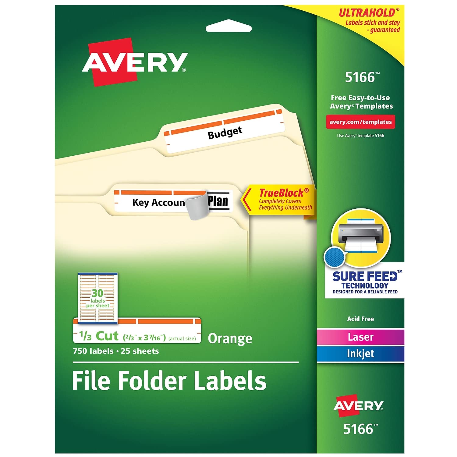 AVERY5166 TrueBlock File Folder Labels, Laser/Inkjet, 1/3 Cut, Orange, 750/PK