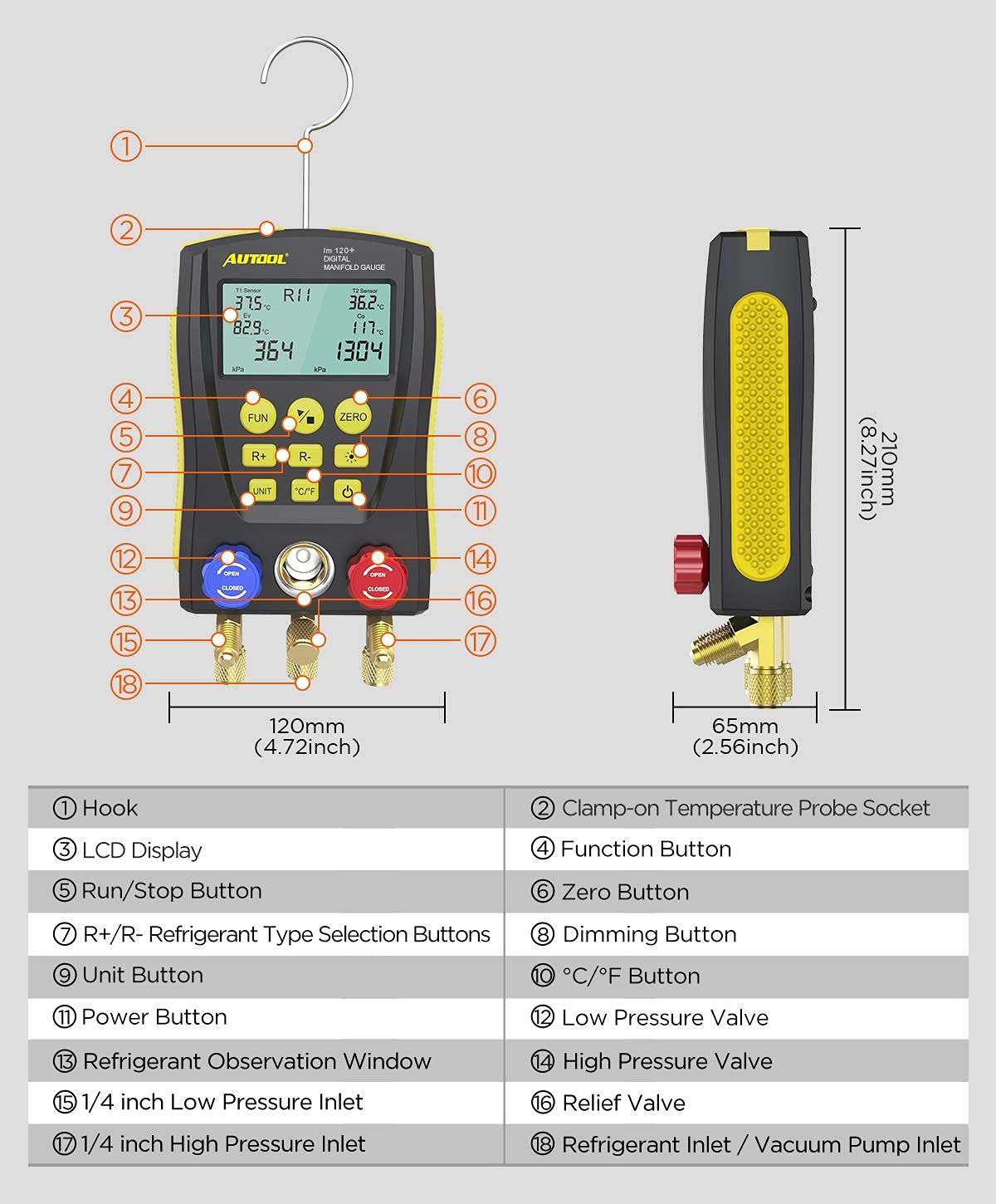 Labeled diagram of AUTOOL LM120+ Digital Refrigeration Manifold Gauge showing all parts and dimensions