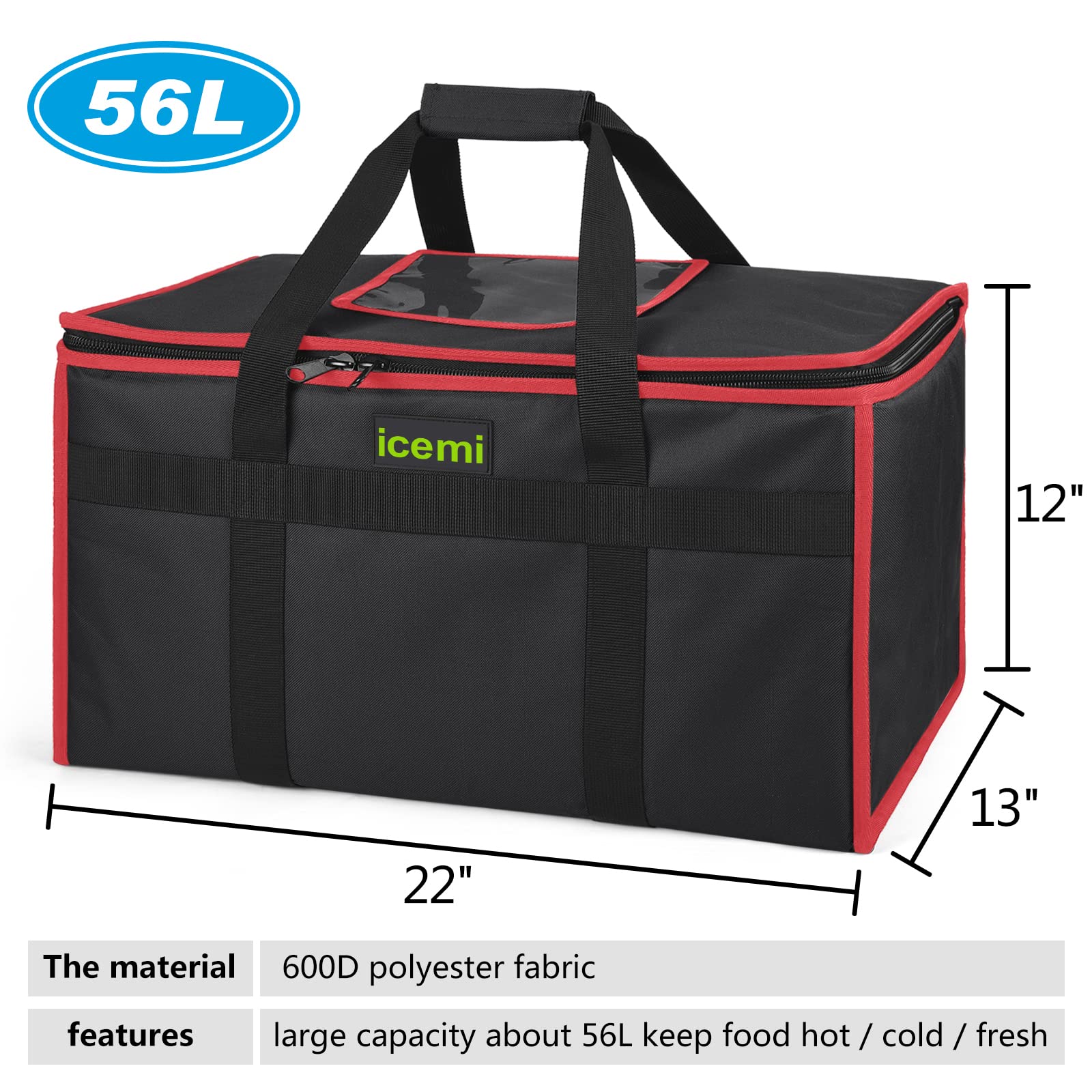 Bolsa de entrega de alimentos aislada con calor y frío, bolsa de catering para entrega de alimentos, picnic, barbacoas, fiestas, compras, vacaciones familiares (negro