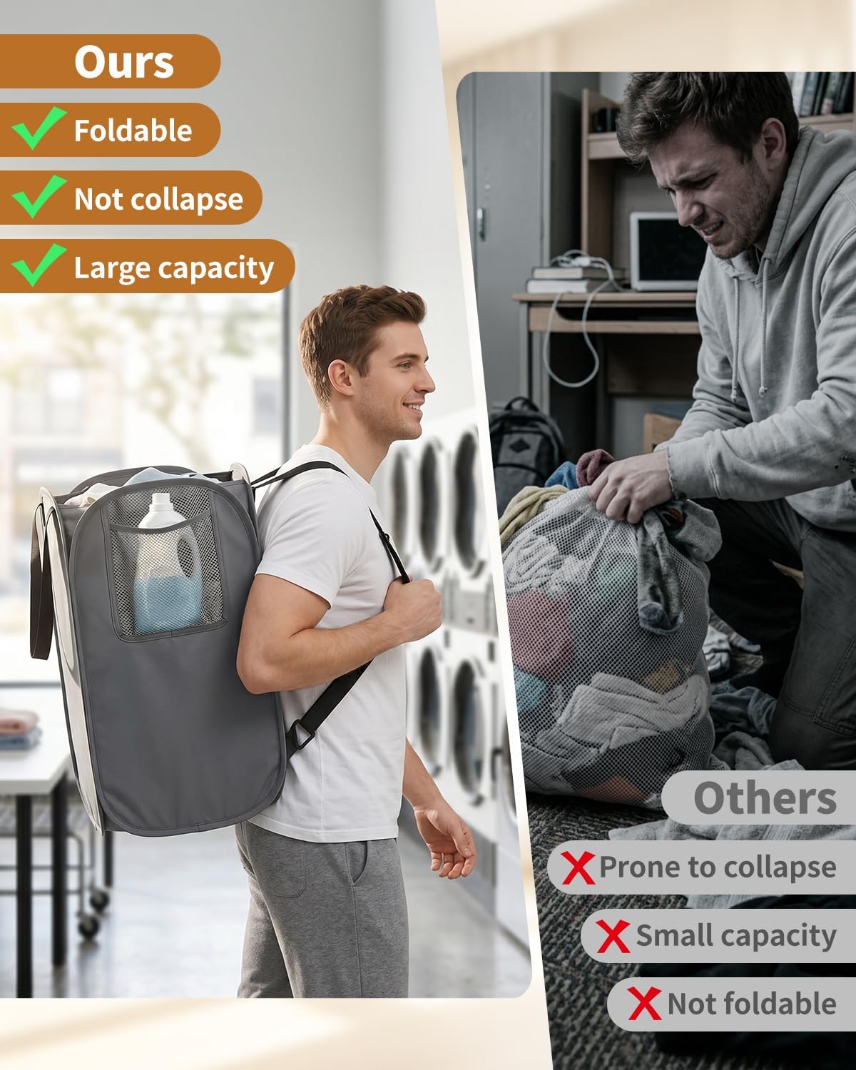 House Again 76L Laundry Backpack, 210D Oxford Heavy Duty Laundry Bag Backpack with Adjustable Shoulder Straps, Foldable Laundry Bag for College Dorm and Travel, Grey