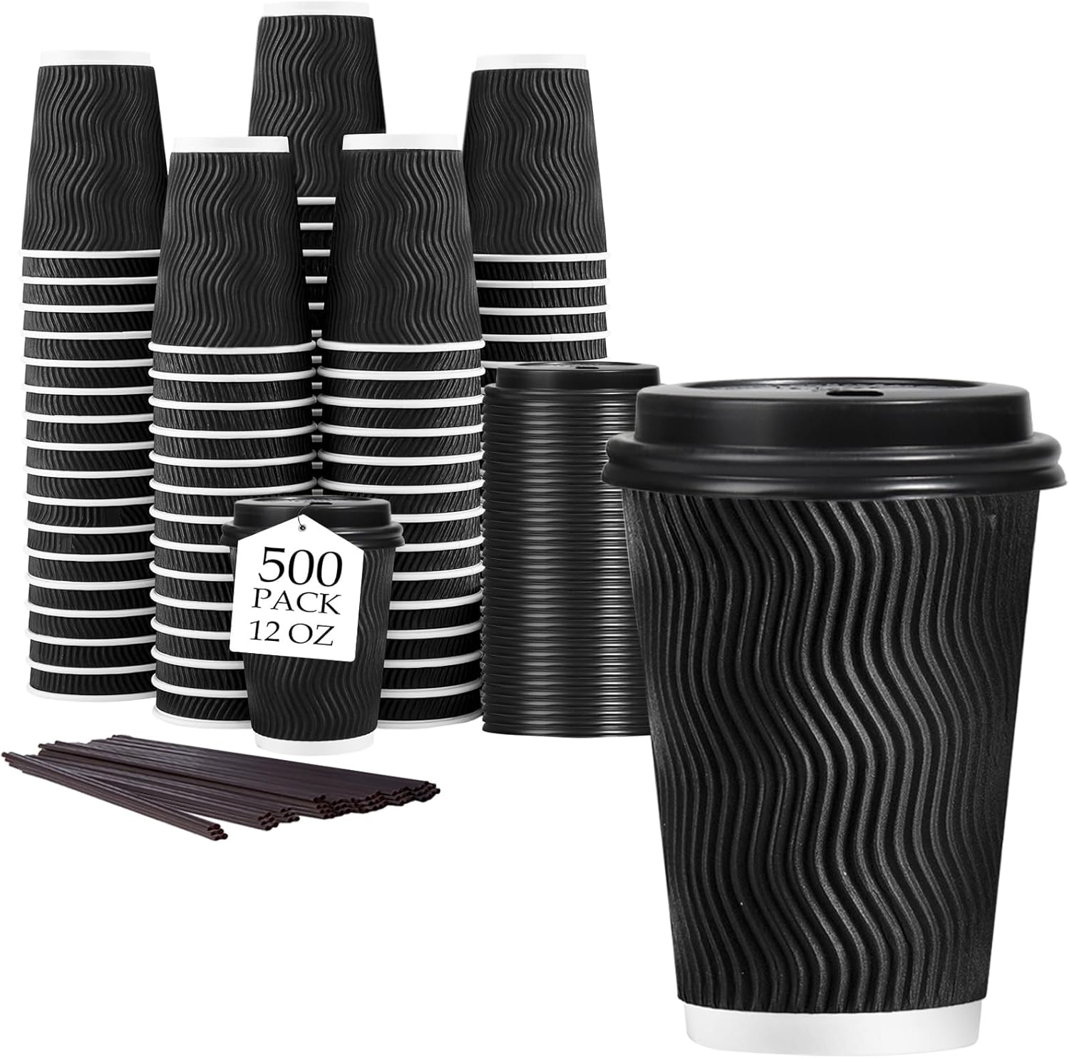 Lamosi 12 oz Disposable Coffee Cups with Lids, 500 Pack Insulated Hot Cups To Go Paper Coffee Cups with Lids and Straws, Corrugated Ripple Wall Cup for Hot Drink, Office, Coffee Bar (Black)