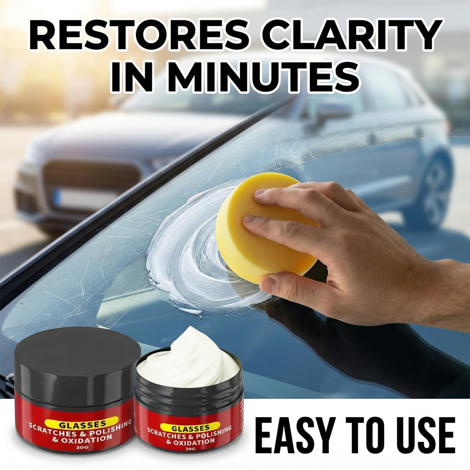 Glass Scratch Remover Kit, 2 Pcs Windscreen Scratch Remover for Glass Polish, 30g/1.05oz Glass Emulsion for Car Scratch Remover with Sponges for Windscreen Mirrors Windows Scratch — view 8