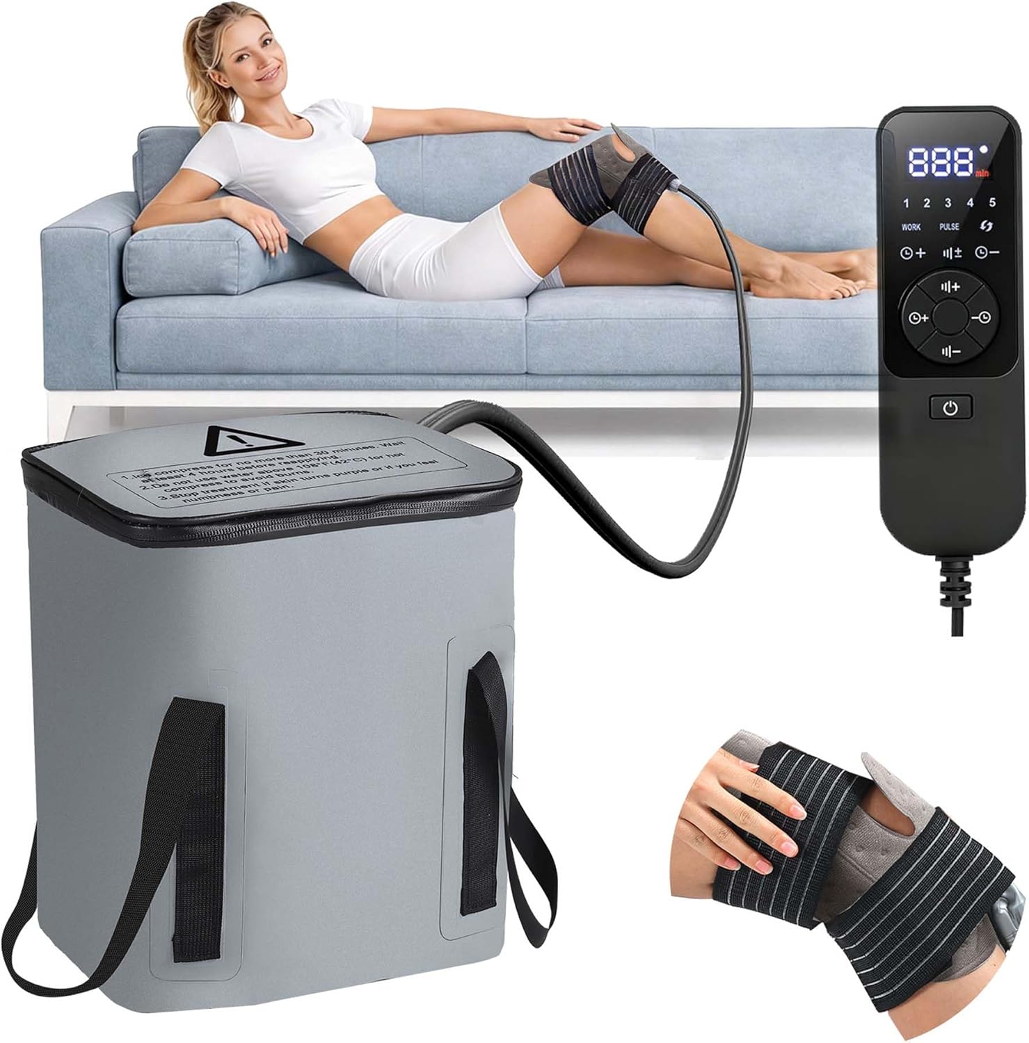Ice Machine for Knee After Surgery - 16-Quart Large Capacity, Programmable Cold Therapy Machine with 6 Timer Modes & 5 Flow Levels Compression Wrap for Knee, Back & Ankle