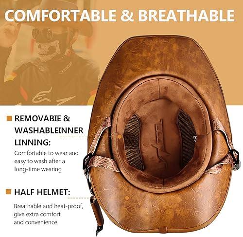 Miniatura 5 de Casco de motocicleta retro, casco de vaquero occidental con cara abierta, casco de motocicleta aprobado por DOT, unisex-adulto, con hebilla de