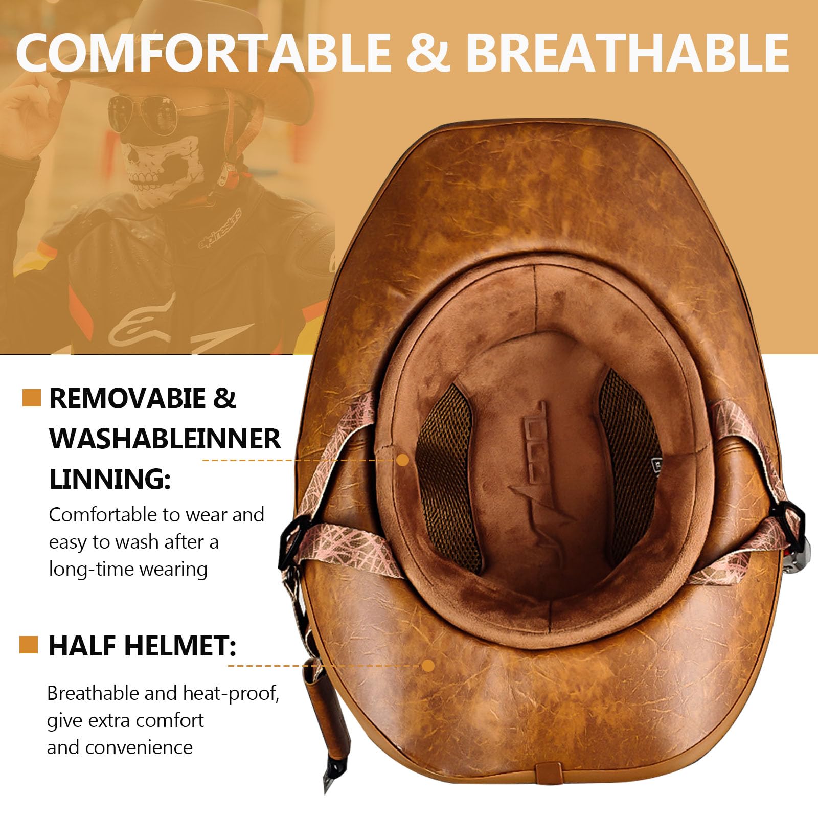 Retro Motorcycle Half Helmet Western Cowboy Hat Helmet Open Face Motorcycle Helmet DOT Approved Unisex-Adult Half Helmet with Quick Release Buckle and Lining for Mopeds Horse Riding Jazz Caps product thumbnail 7