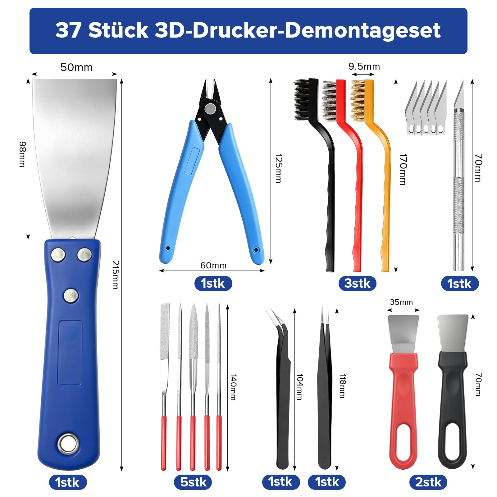 37 szt Zestaw Akcesoriów do Druku 3D Narzędzie do Druku | 10 szt Zestaw Igieł do Czyszczenia Nozdrz,Zawiera łyżkę,Diamantowe Piaski i inne Zestawy do Czyszczenia do Poślepienia Modeli