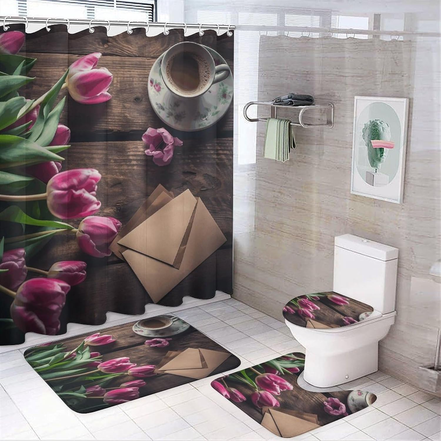 Flowers and Envelope 4Pcs Shower Curtain Set with Non-Slip Rugs, Toilet Lid Cover and Bath Mat,Bathroom Set Decor Accessories,Curtain Set with 12 Hooks, 72 X 72 Inch