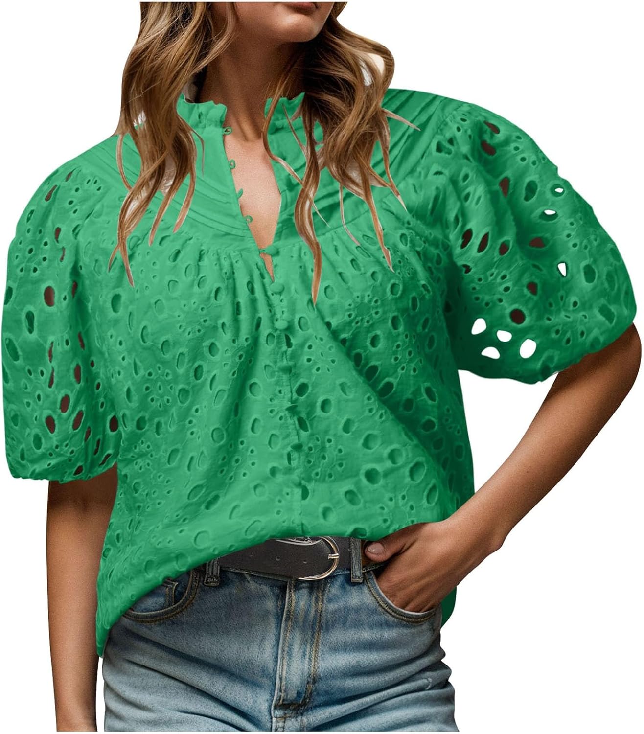 Women's Short Lantern Sleeve Dressy Casual Short Lantern Sleeve V Neck