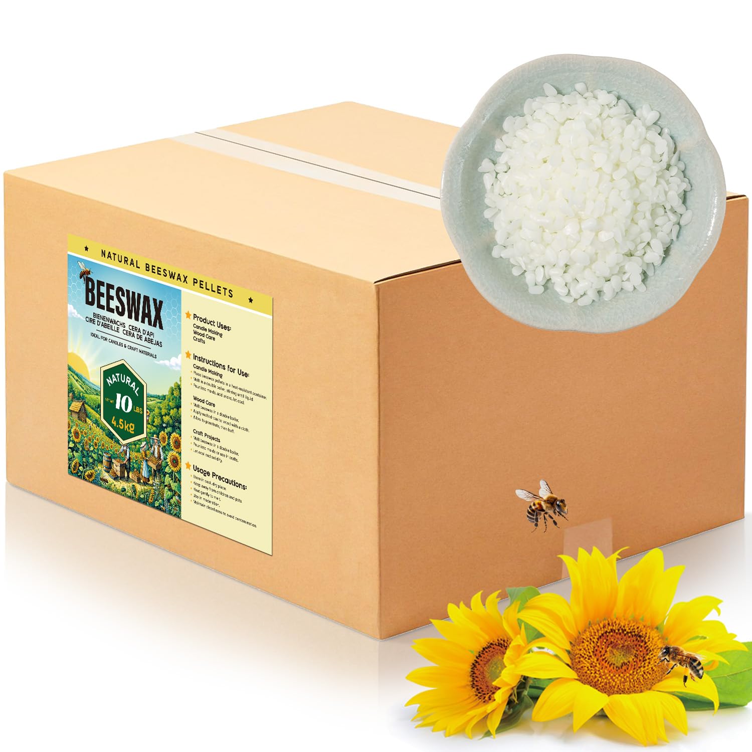 Beeswax Pellets for Candle Making - 4.5KG Organic Beeswax for Candles, DIY Projects, and Skin Care Supplies (White Beeswax)