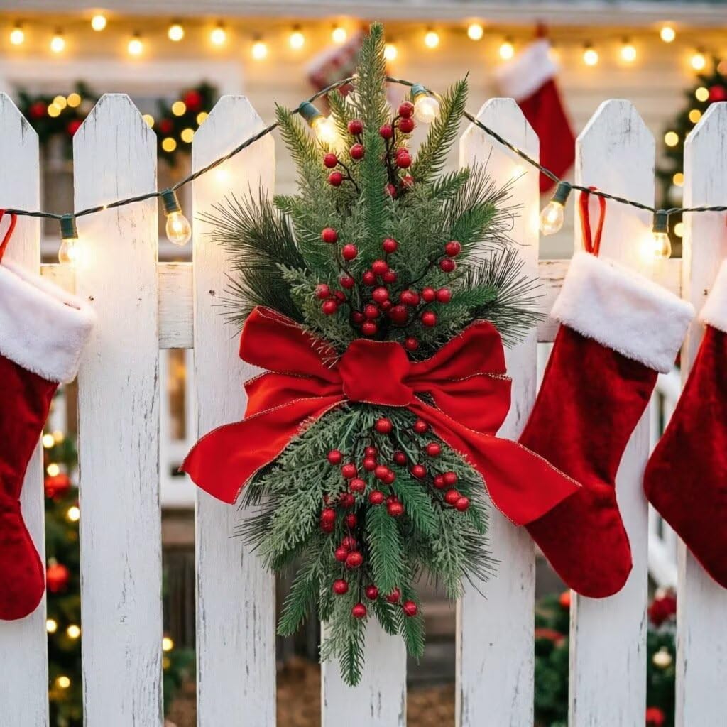 24 Inch Christmas Teardrop Swag for Front Door, Artificial Pine Cedar Swag with Red Berries and Red Velvet Bow, Winter Holiday Farmhouse Swag for Porch Fence Fireplace Entryway Wall Decor