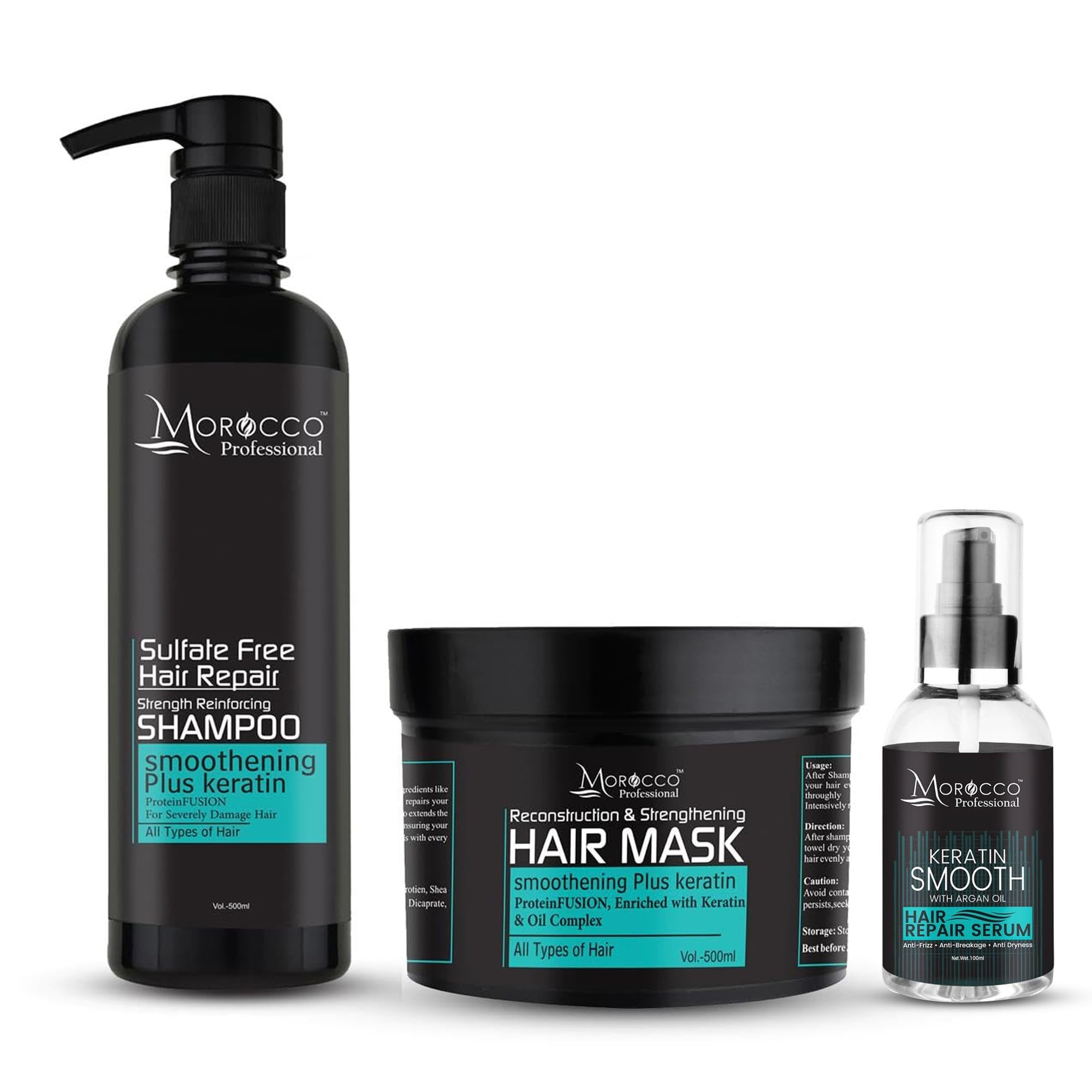 Hair Care Set | Reconstruction & Strengthening Shampoo 500ml & Hair Mask 500ml + Keratin Smooth Repair Serum 100ml | Smoothening & Frizz Control | Damaged Hair Repair-image-3