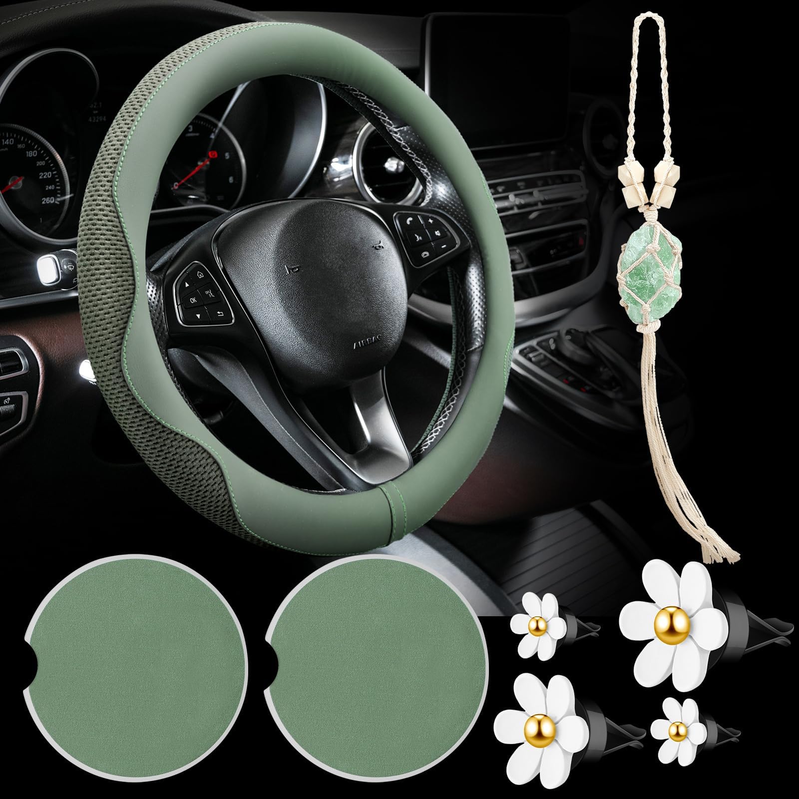 BBTO 4 Car Accessory Set, Steering Wheel Cover, Ceramic Coasters, Daisy Flower Clip Air Freshener, Crystal Hanging Ornament for Women(Sage Green)